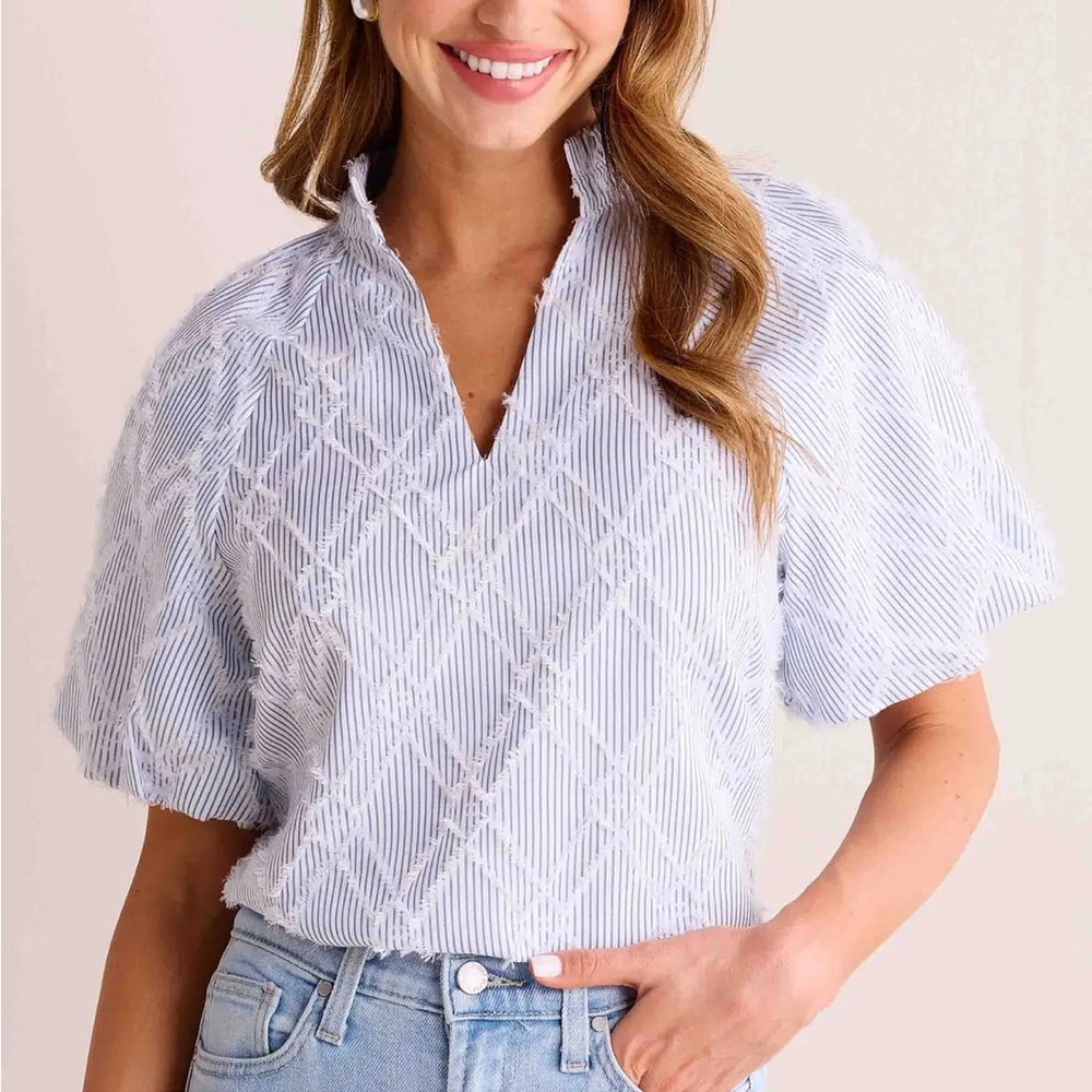 THML Blue and White Ruffled Blouse with Mandarin Collar